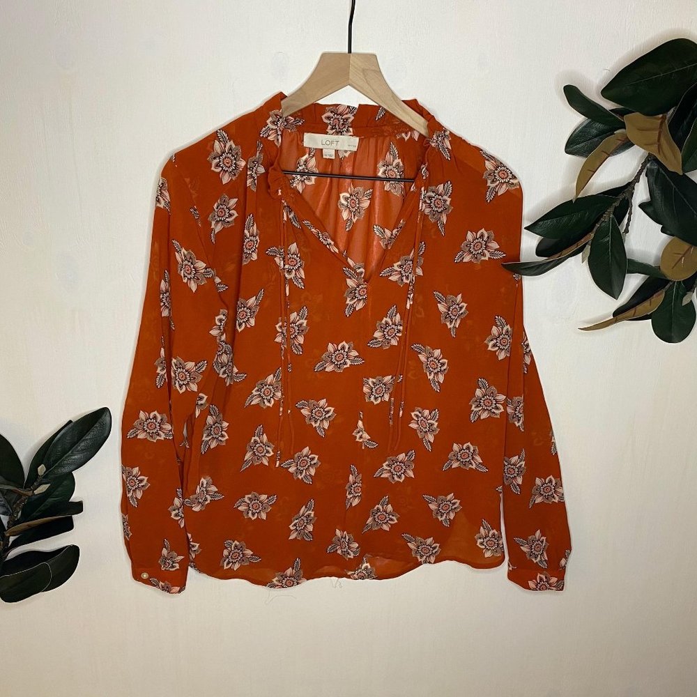 Loft Sheer Burnt Orange Faraway Floral Ruffle Tie